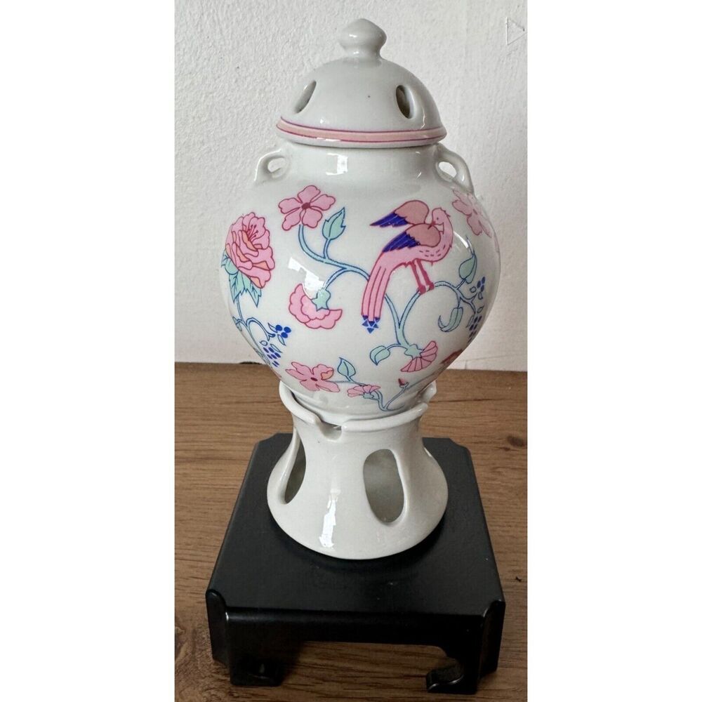 Vintage Potpourri Ginger Jar Pink Bird and Flowers (Black stand not included)
